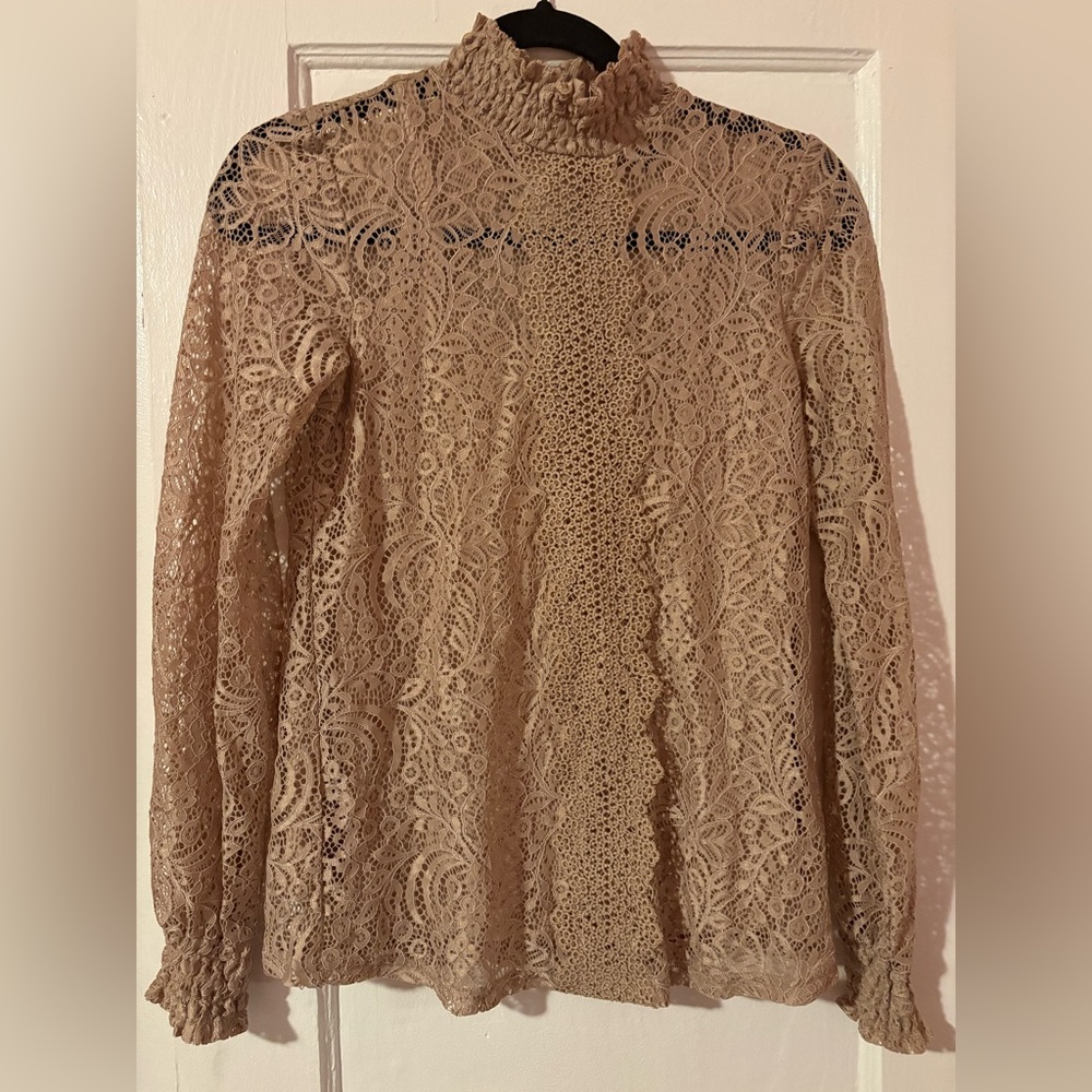 Cable & Gauge Beige Lace Mock Neck Long Sleeve Blouse Top XS